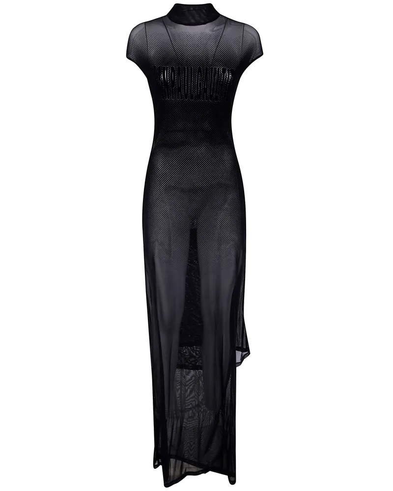 Jean Paul Gaultier Mesh Sleeveless Long Dress With Velvet Flock "Jean Black