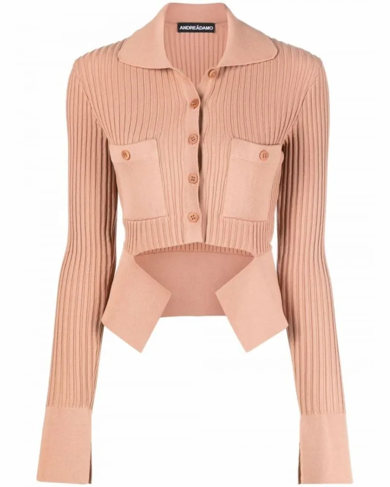 ANDREADĀMO Ribbed-Knit Mini Cardigan With Cut-Out Pocket Beige