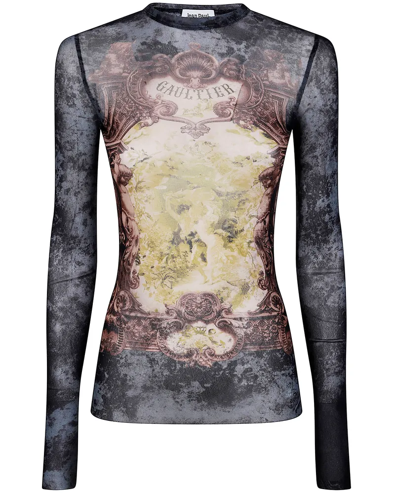 Jean Paul Gaultier Mesh Long Sleeves Top Printed "Médaillon Black