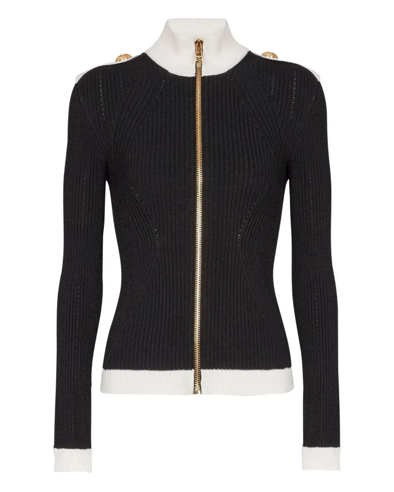 Balmain Zipped Turtleneck Knit Cardigan Black