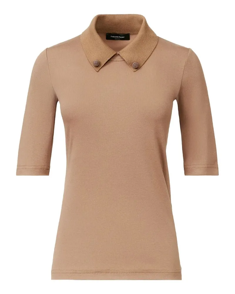 Fabiana Filippi Short Sleeve T-Shirt With Knit Collar And Pins Beige