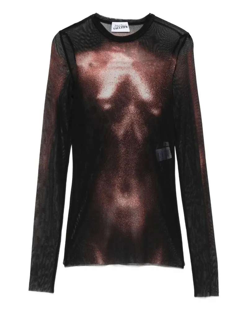 Jean Paul Gaultier Mesh Crew Neck Top With Long Sleeves Printed "Body Black