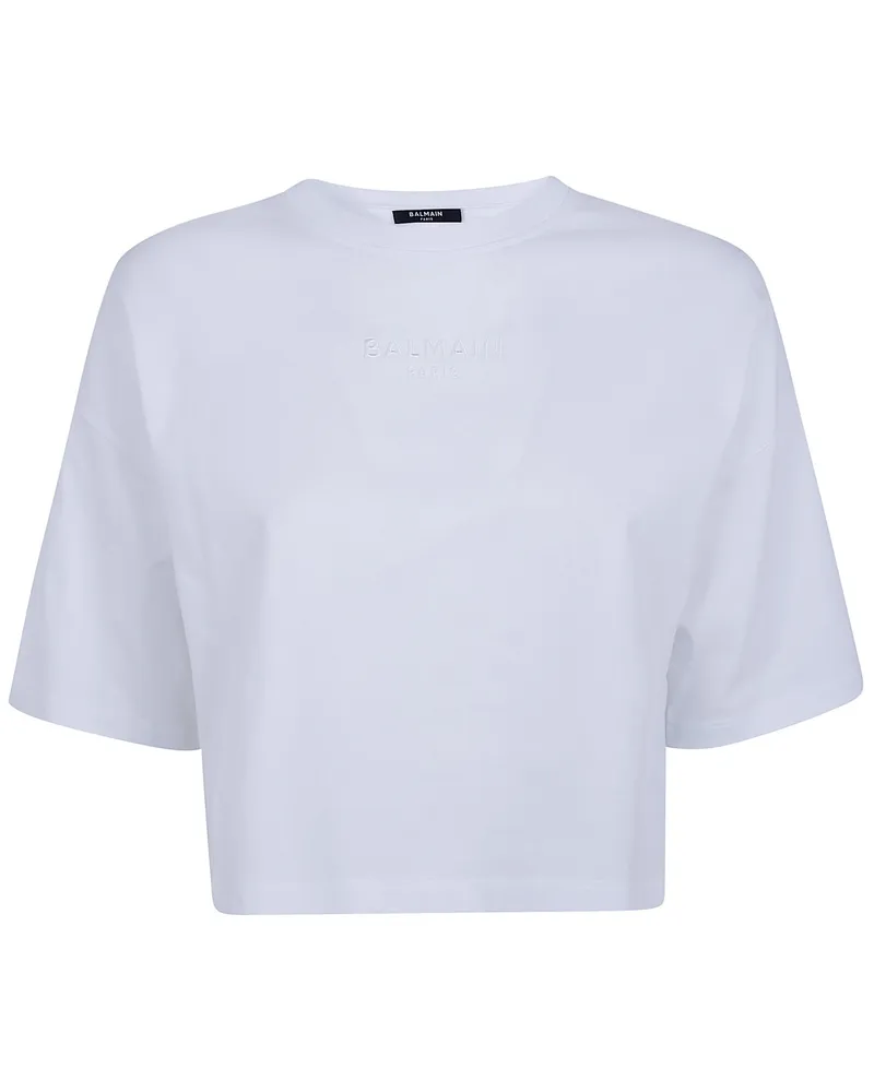 Balmain Small "Balmain Paris" Emb Cropped T-Shirt White