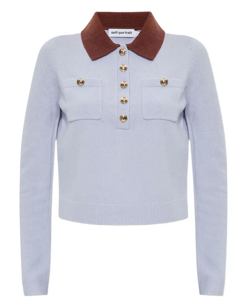 Self-Portrait Contrast Collar Knit Top Blue