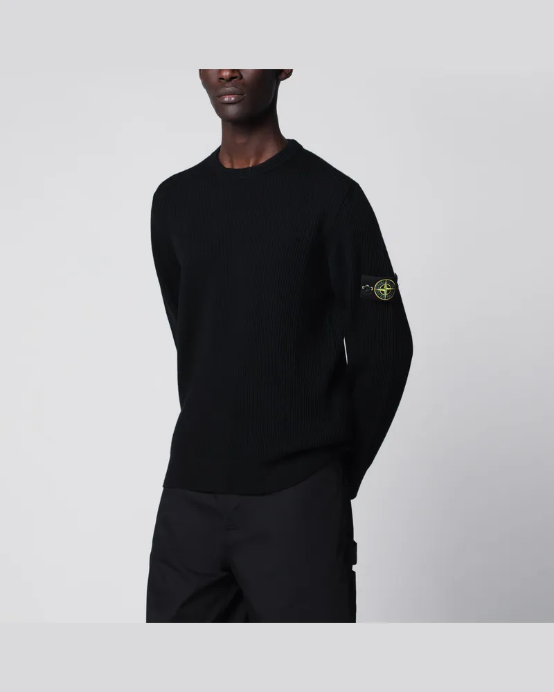 Stone Island Schwarzer gerippter Rundhalspullover Black