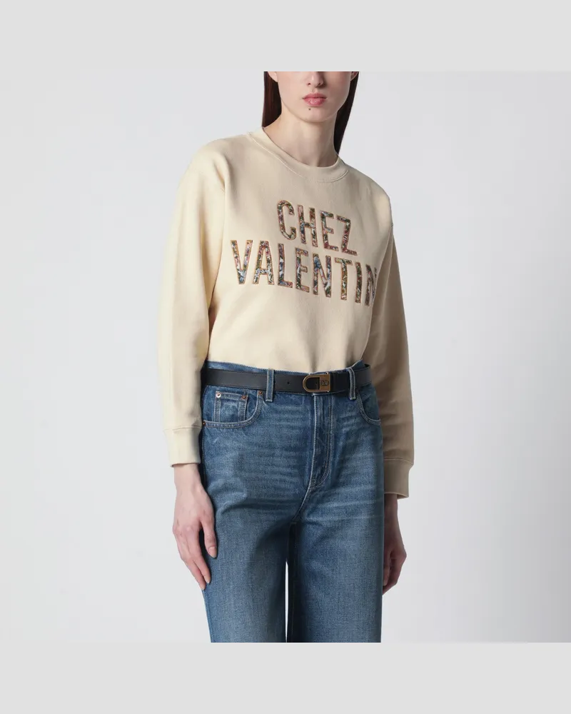 Valentino Garavani Elfenbeinfarbenes Baumwoll-Sweatshirt mit Chez--Blumenmotiv Beige