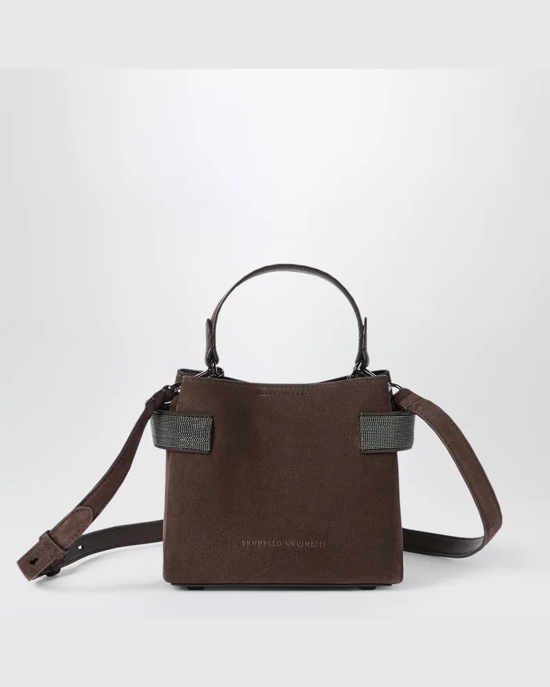 Brunello Cucinelli Braune Top Handle Essence Small Tasche aus Veloursleder Brown