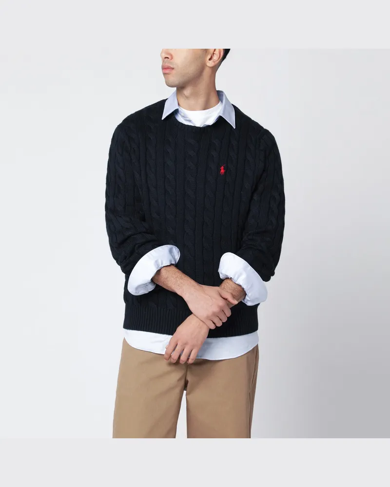 Ralph Lauren Marineblauer Baumwollpullover mit Zopfmuster Blue