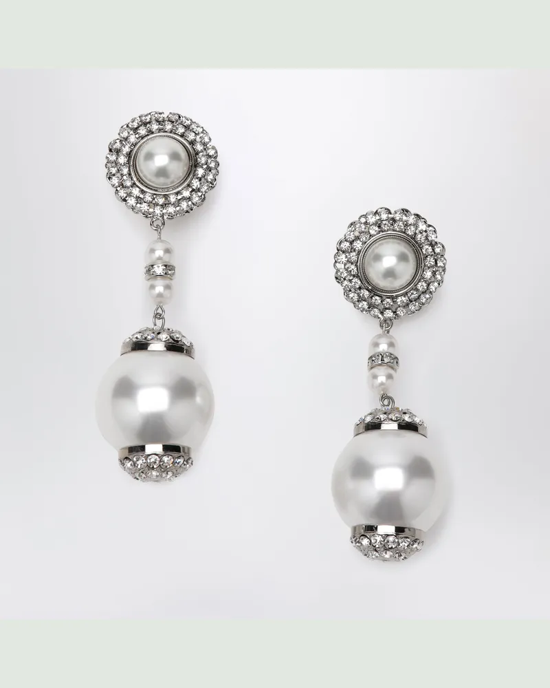 Alessandra Rich Clip-Ohrringe mit Perlen und Kristallanhänger in Silber White