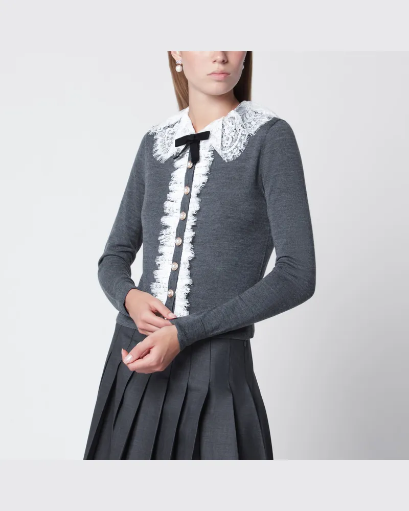 Self-Portrait Strickcardigan mit Spitzenkragen aus Wolle in Grau Grey