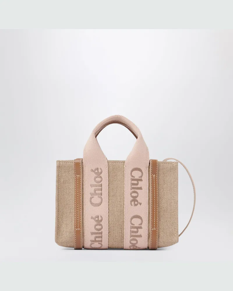 Chloé Kleine Woody Tote Bag aus Leinen Blushy beige Beige
