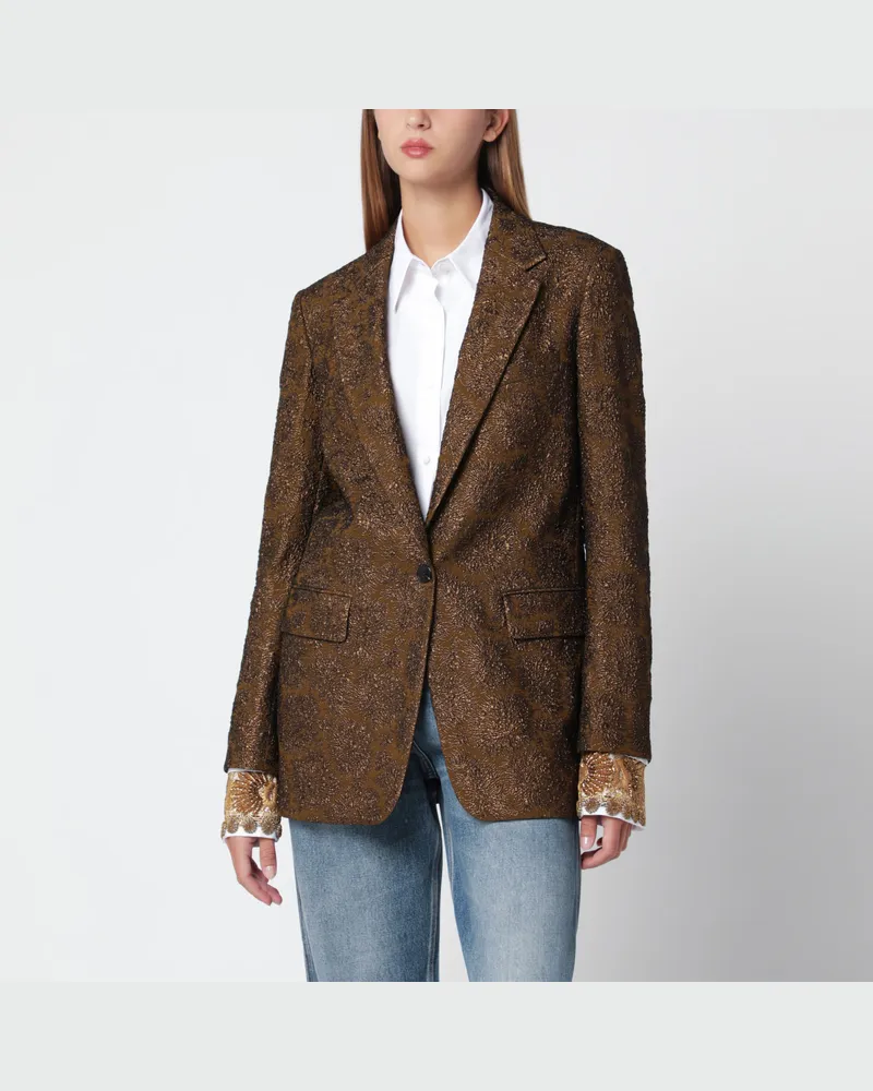 Dries van Noten Khakifarbene einreihige Jacke mit floralem Jacquardmuster Green