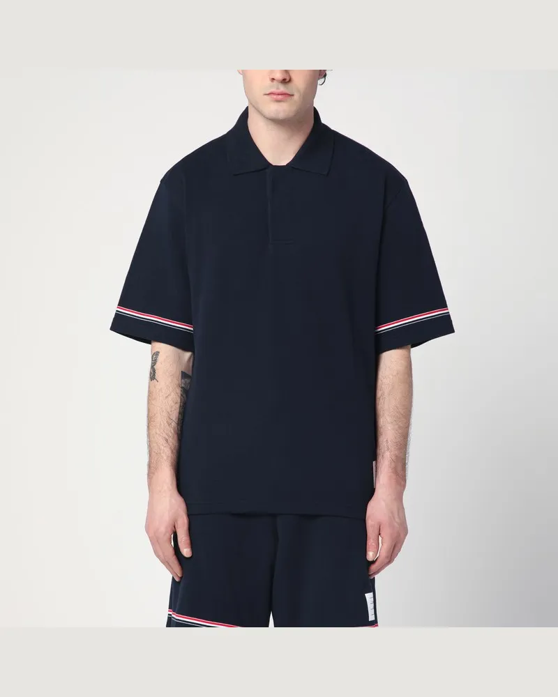 Thom Browne Marineblaues Poloshirt mit dreifarbigem Detail Blau