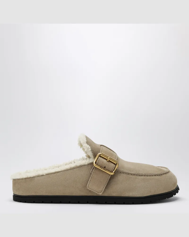 Prada Pantoletten aus wüstenfarbenem Veloursleder mit Shearling-Futter Beige