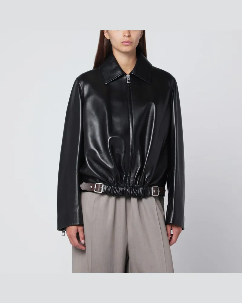 Loewe Schwarze geraffte Lederjacke mit Gürtel Schwarz