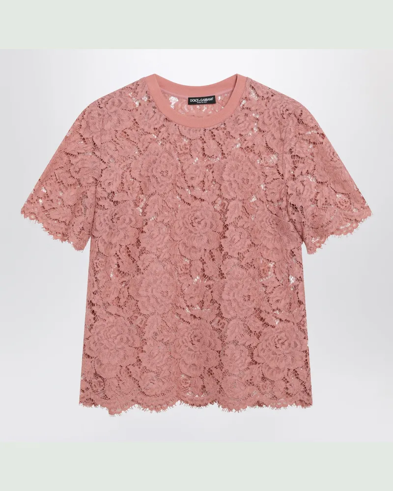 Dolce & Gabbana Kurzarm-T-Shirt aus rosa Kordelspitze Pink