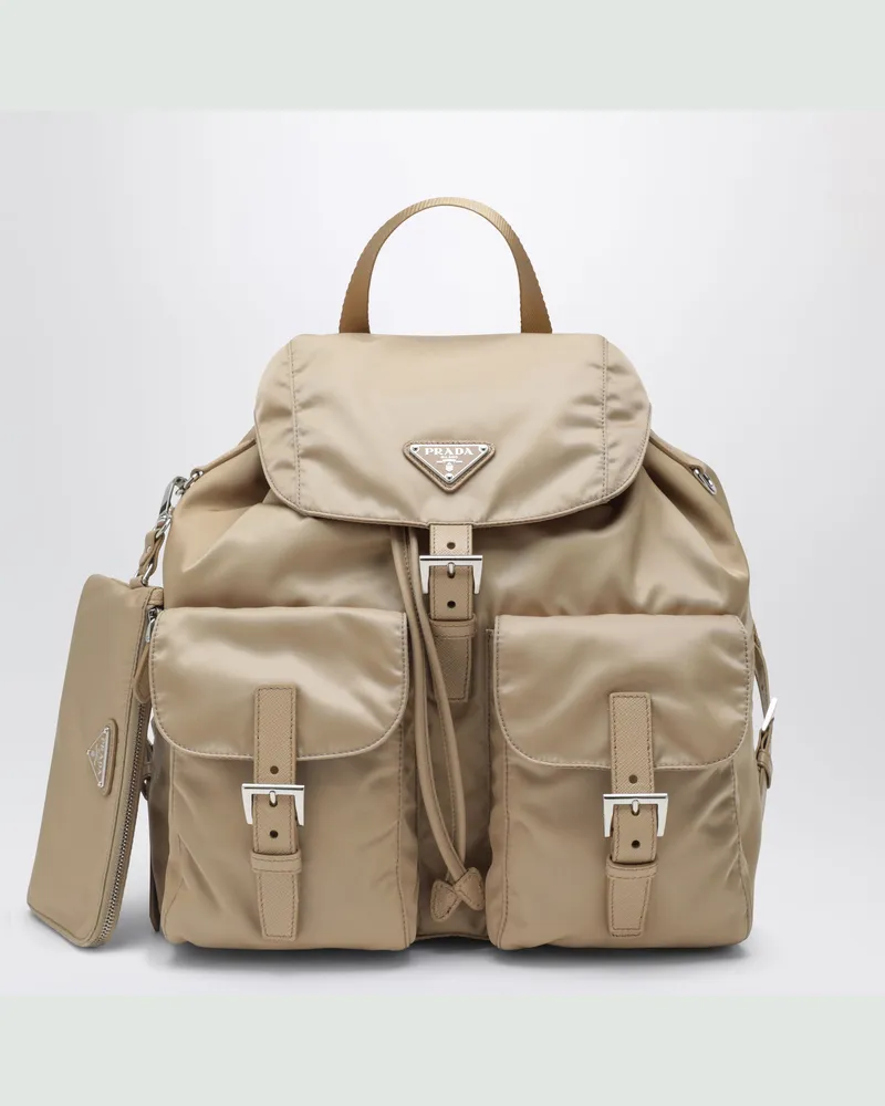 Prada Rucksack aus Re-Nylon und Saffiano mit Beutel in Camel Beige