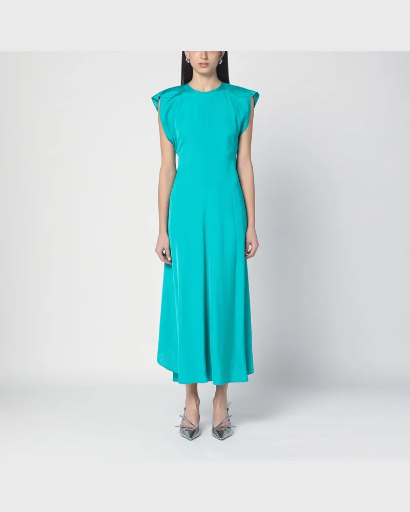 Victoria Beckham Pfauenfarbenes Midikleid mit Kappenärmeln Hellblau