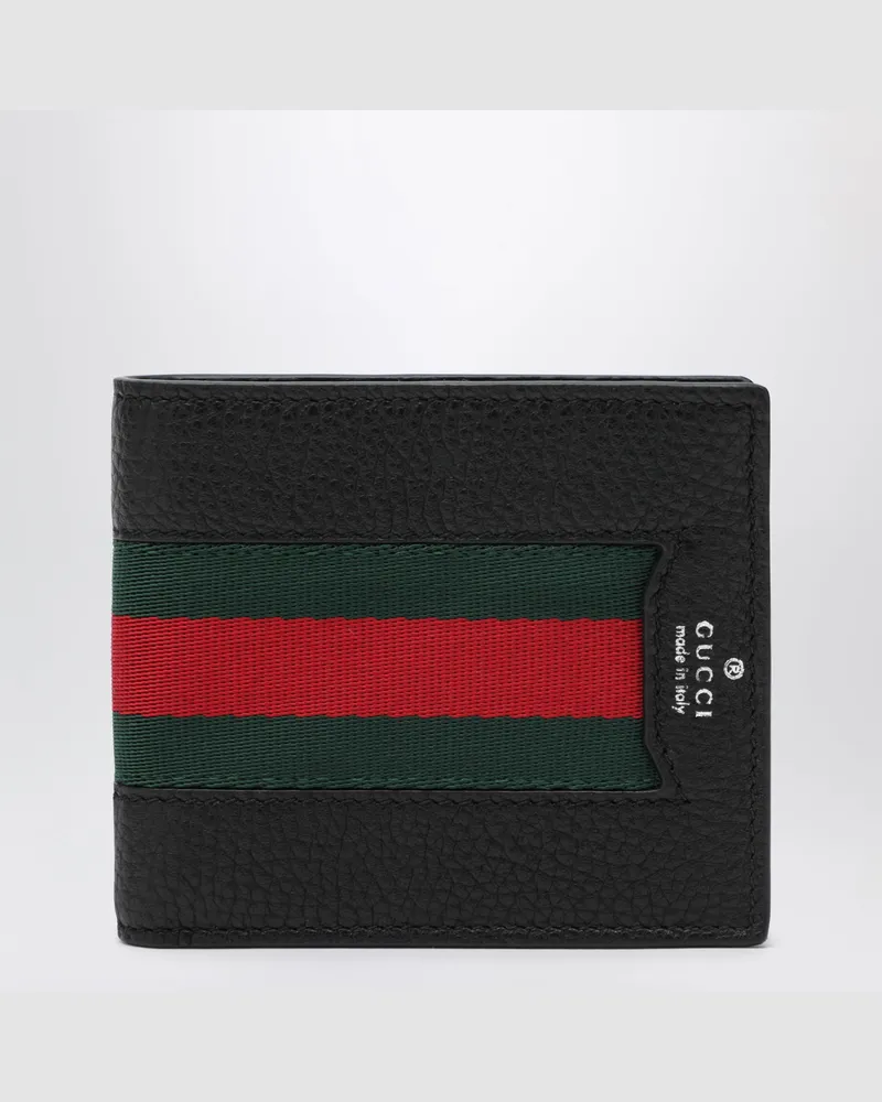 Gucci Schwarzes Web Trademark Bi-Fold-Kartenetui aus Leder Black