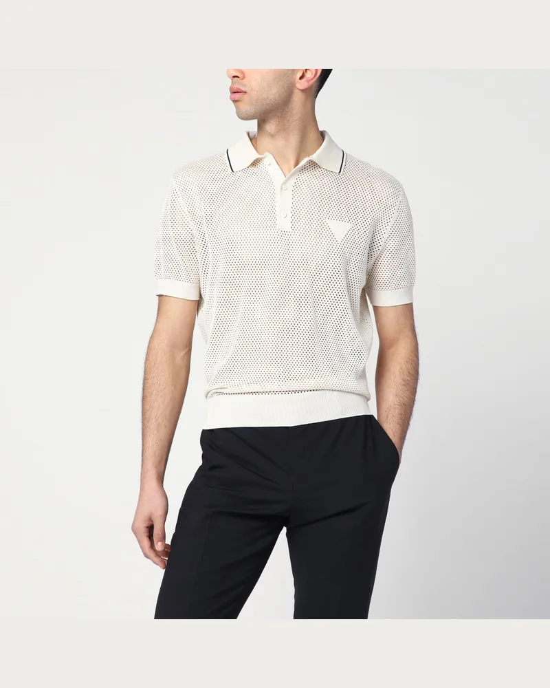 Prada Durchbrochenes talkfarbenes Polo aus Baumwolle und Seide White