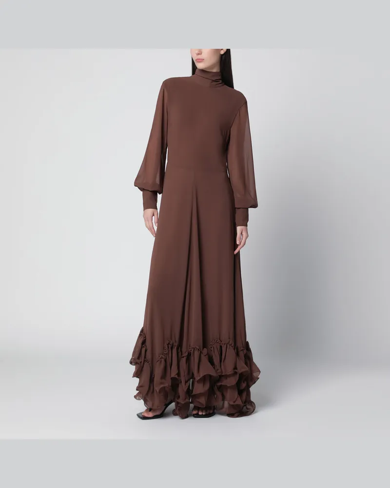 ROTATE Birger Christensen Braunes langes Kleid mit Volants Brown