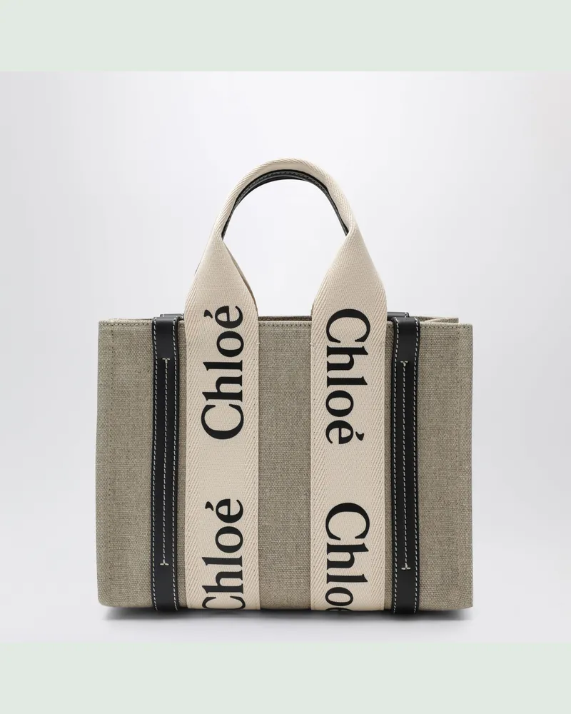 Chloé Kleine Woody-Tasche aus beigem Leinen Beige