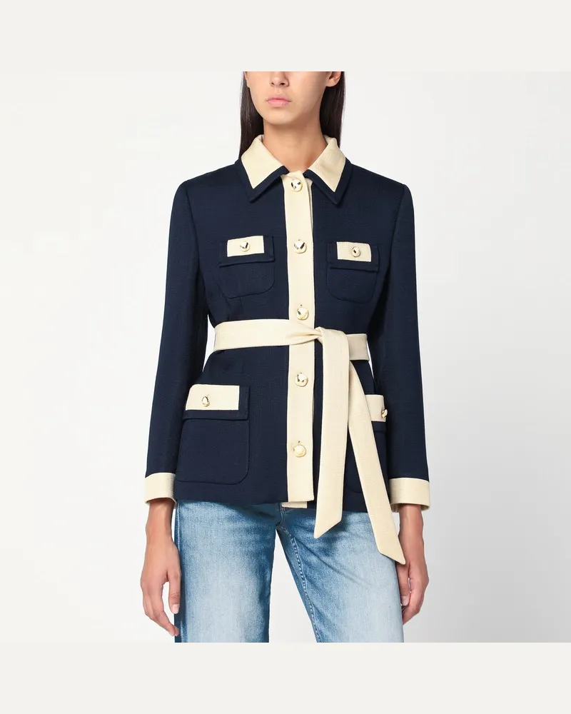 Valentino Garavani Blau-elfenbeinfarbene Jacke mit Gürtel Blau