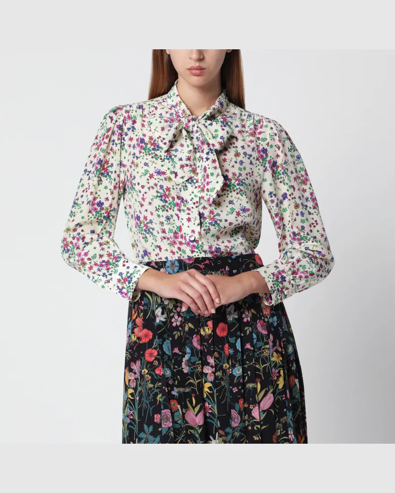 Gucci Bedruckte Seidenbluse mit Schleife in Elfenbein/Rosa Multicolor