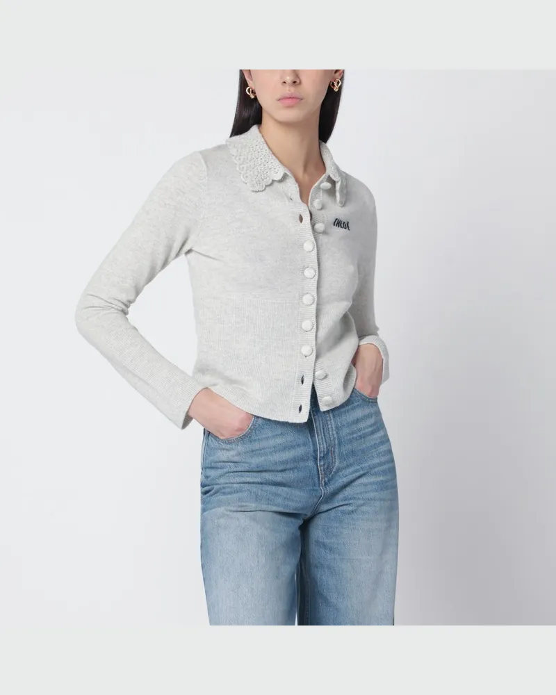 Chloé Hellgrauer Wollcardigan mit Logo Grau