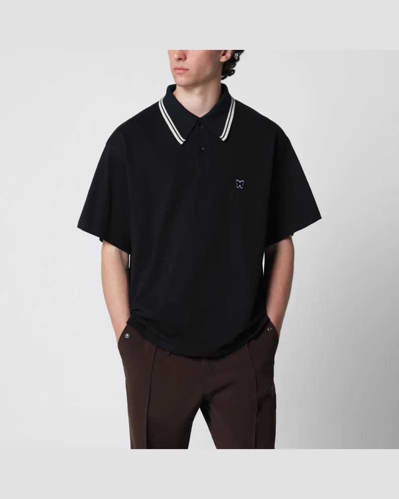 NEEDLES Schwarzes Piqué-Poloshirt mit gesticktem Schmetterling Black