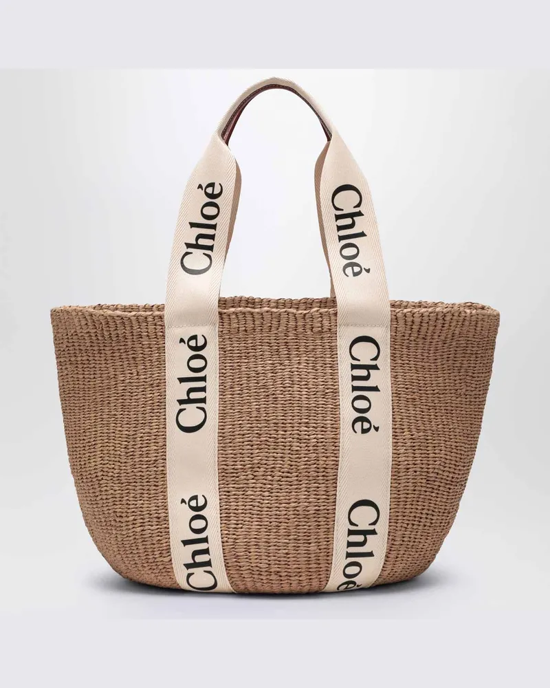 Chloé Große Korbtasche Woody mit weißer Schleife Beige
