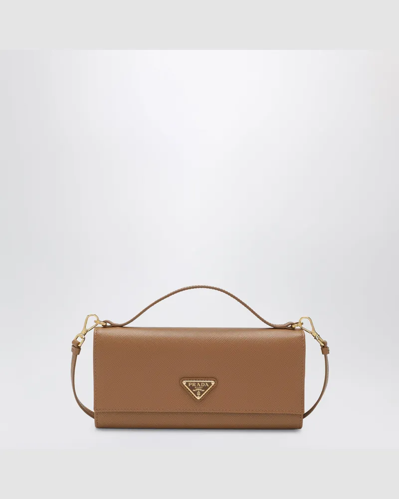 Prada Karamellfarbene Geldbörse aus Saffiano-Leder mit Schulterriemen Beige