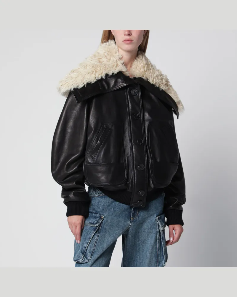 ATTICO Schwarze Leder-Bomberjacke mit Shearling-Kragen Black