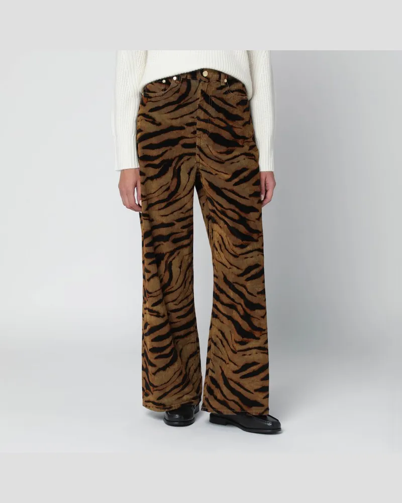 Ganni Khakifarbene Baggy-Jeans mit Zebra-Print Grün