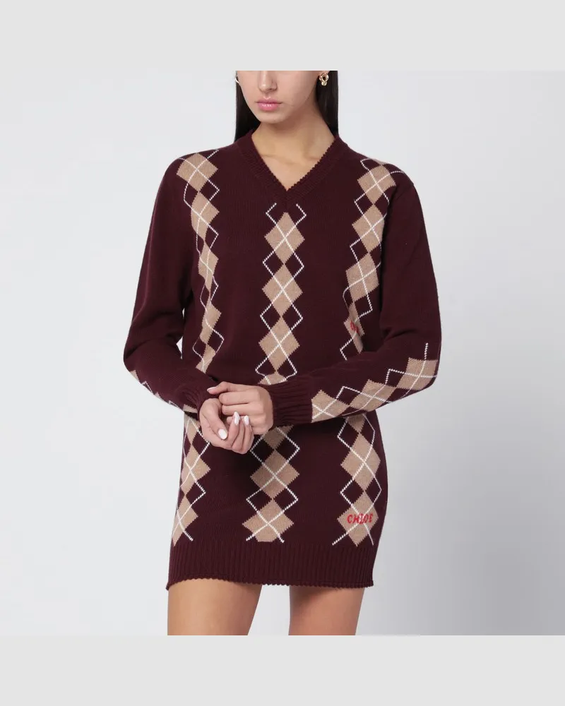 Chloé Bordeauxroter Wollpullover mit Rautenmuster Burgunderrot