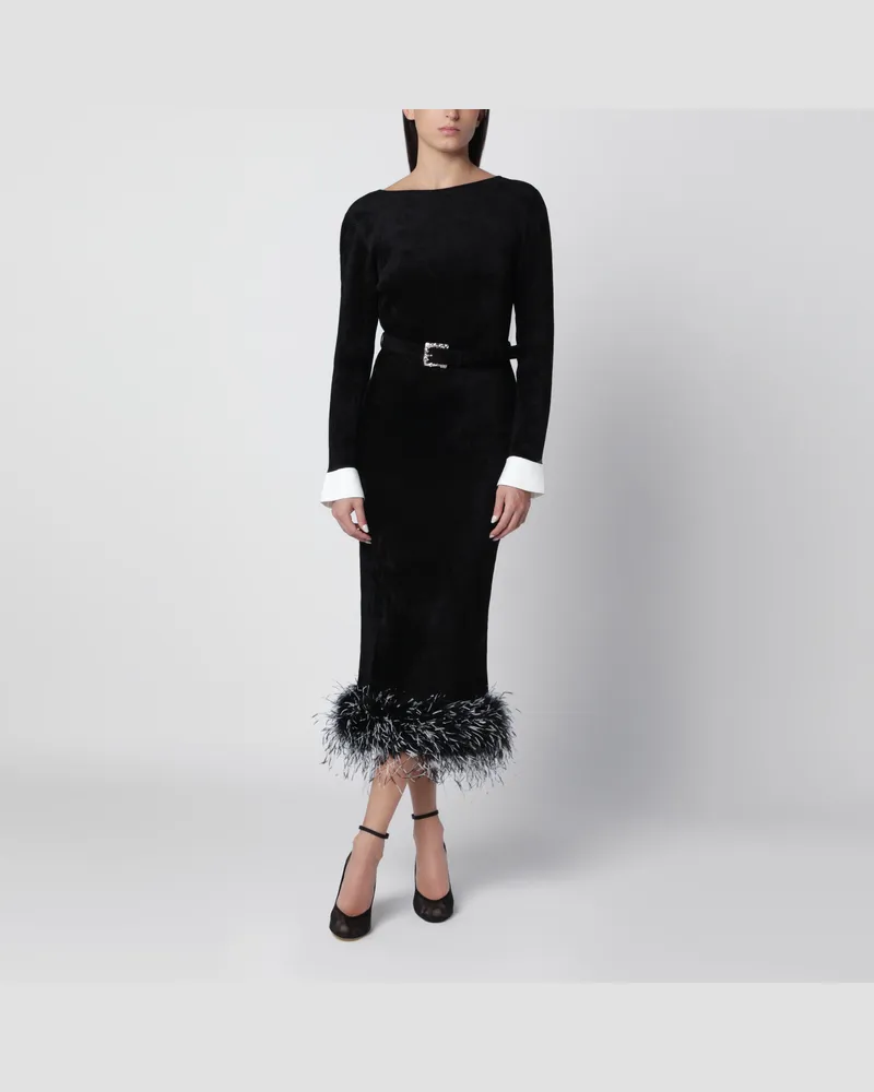 Self-Portrait Schwarzes mittellanges Chenille-Strickkleid mit Federbesatz Black