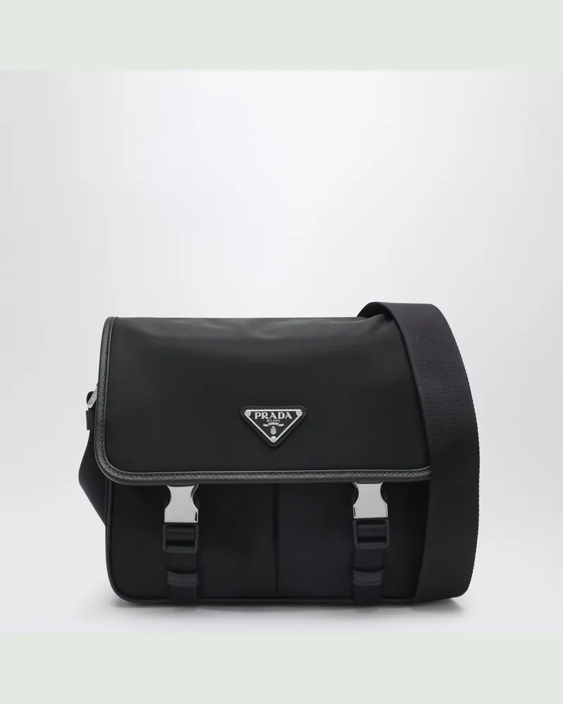 Prada Schwarze Schultertasche aus Re-Nylon und Saffiano-Leder Black
