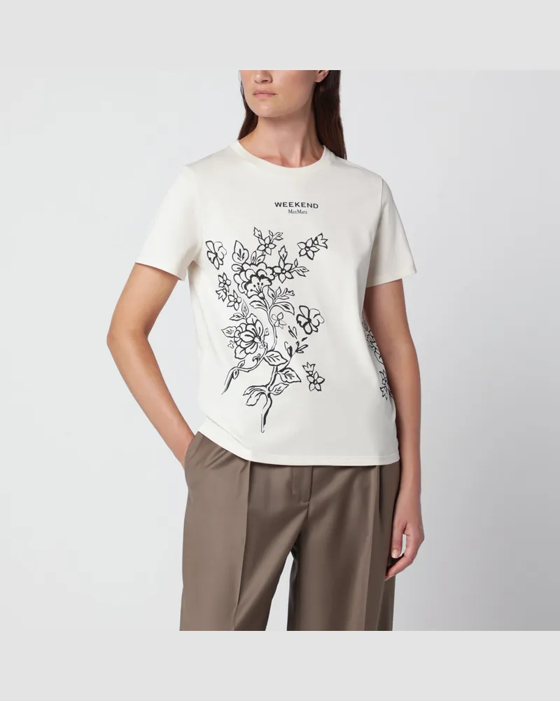 Max Mara Cremefarbenes T-Shirt aus Baumwolle mit Logoprint Beige