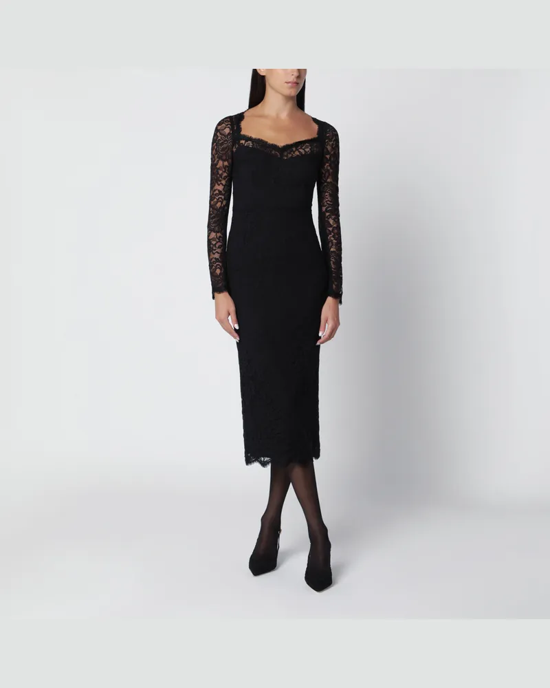 Dolce & Gabbana Schwarzes Midikleid aus floraler Stretchspitze Black