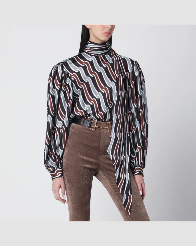 Gucci Grau/braune bedruckte Seidentwill-Bluse Grey