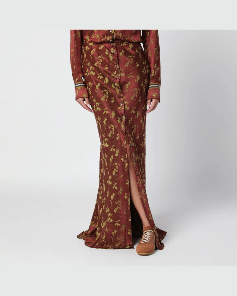 Dries van Noten Long rust skirt in floral jacquard Brown