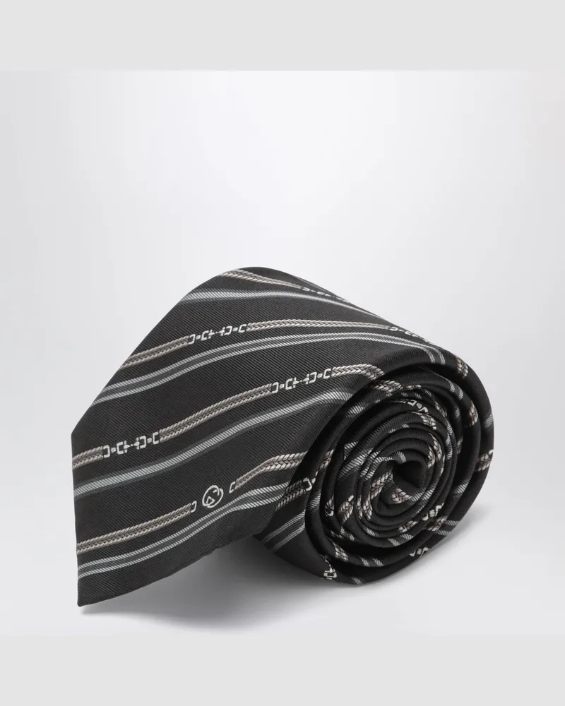 Gucci Schwarz/hellgraue Seidenkrawatte mit Horsebit und Interlocking GG Multicolor