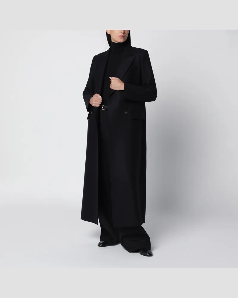 Harris Wharf London Langer schwarzer doppelreihiger Wollmantel Black