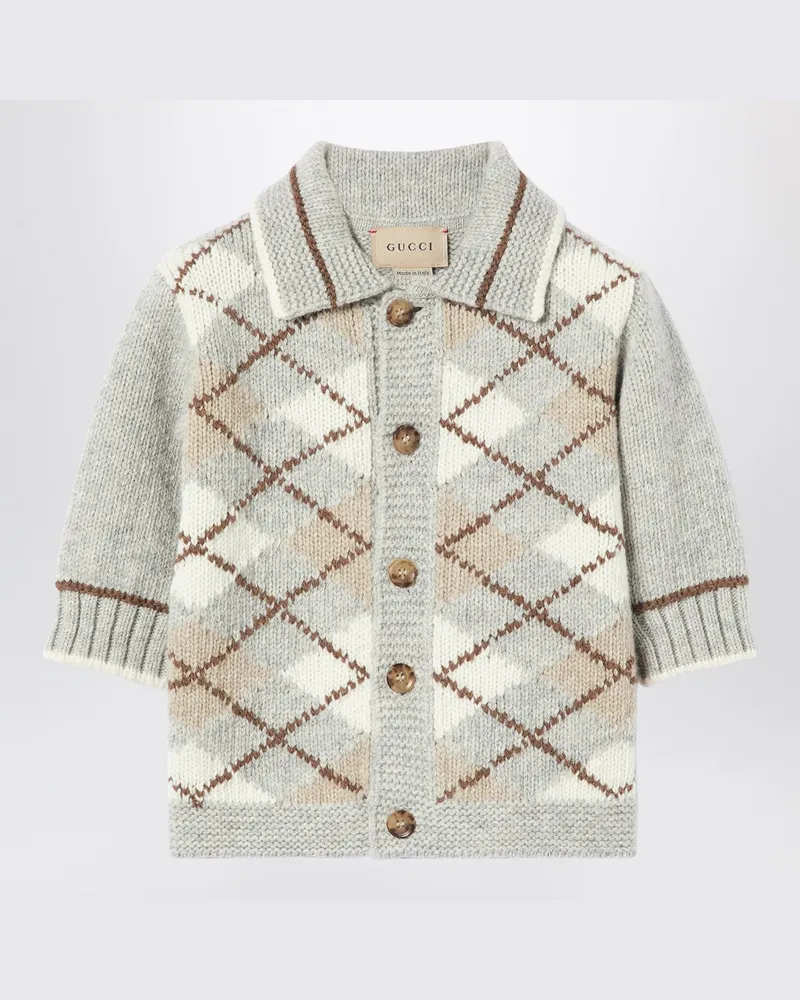 Gucci Graue/beigefarbene Strickjacke mit Rauteneinsatz 