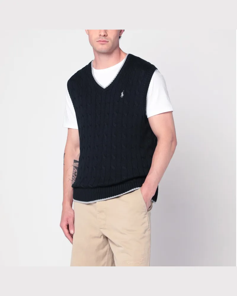 Ralph Lauren Navyblaues Zopfmuster-Wollwesten Blau
