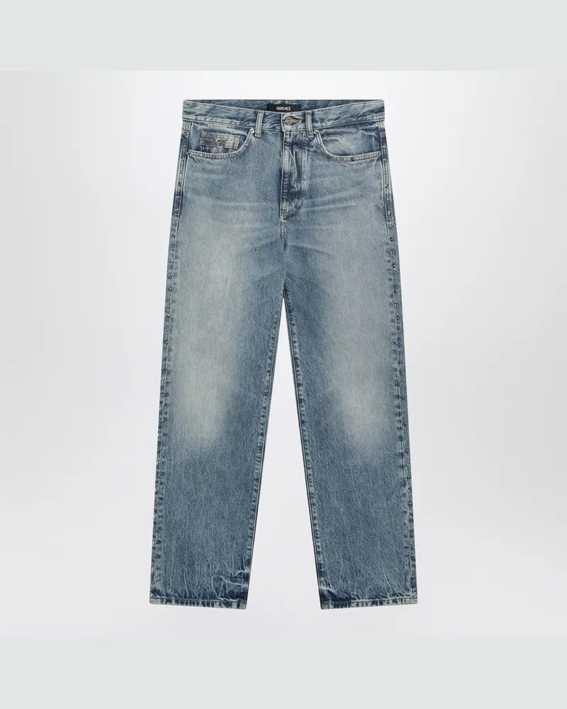 Versace Blaue Jeans mit Wascheffekt und kleinen Nieten 