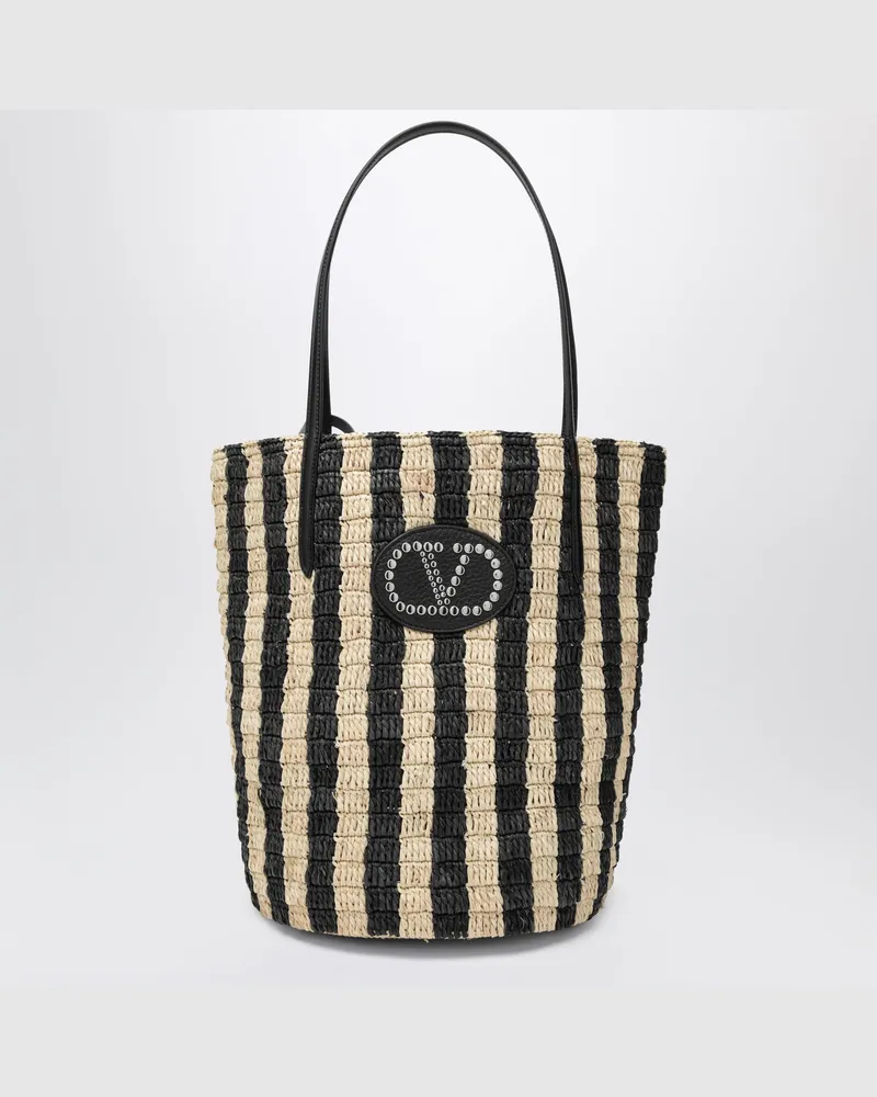 Valentino Garavani Gestreifte Schultertasche aus Raffia und Leder Beige