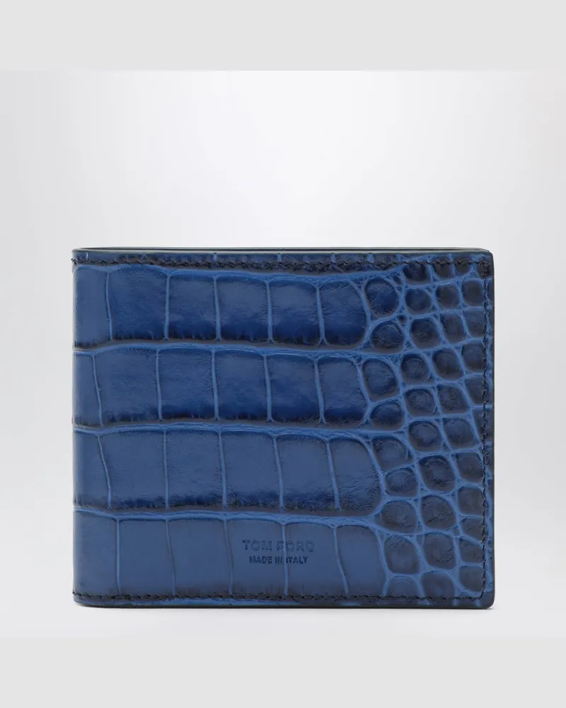 Tom Ford Bifold-Portemonnaie aus blauem glänzendem Leder in Krokodiloptik Blue