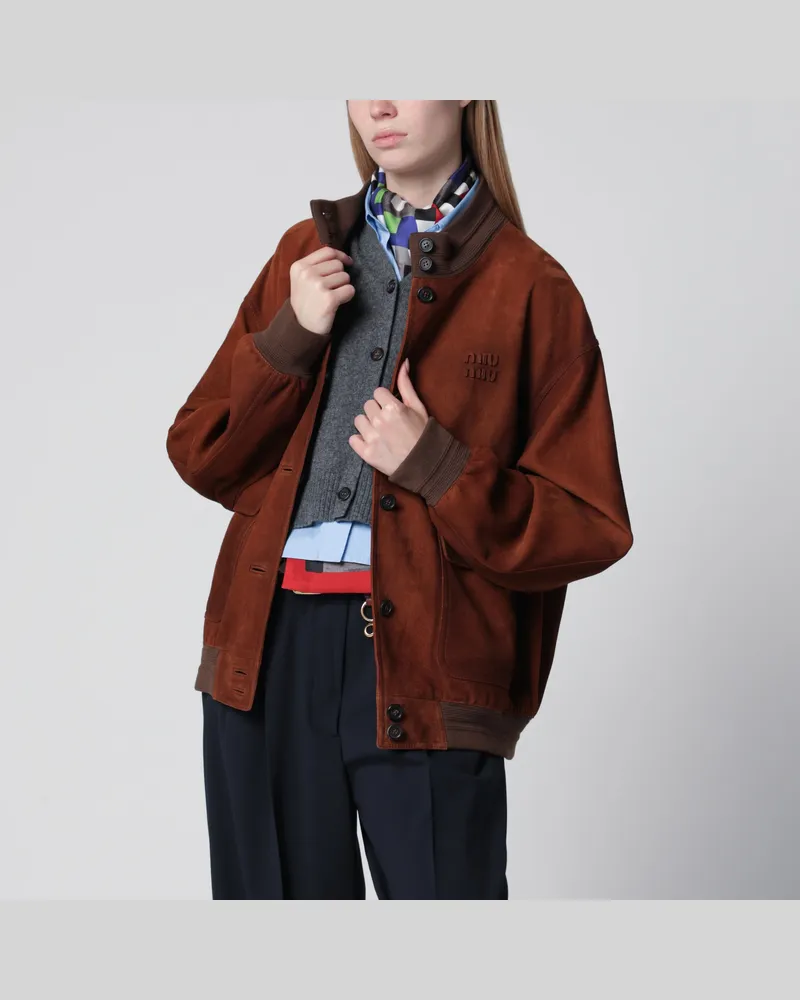 Miu Miu Gewachste Wildlederjacke aus Lammleder in Kastanie Brown