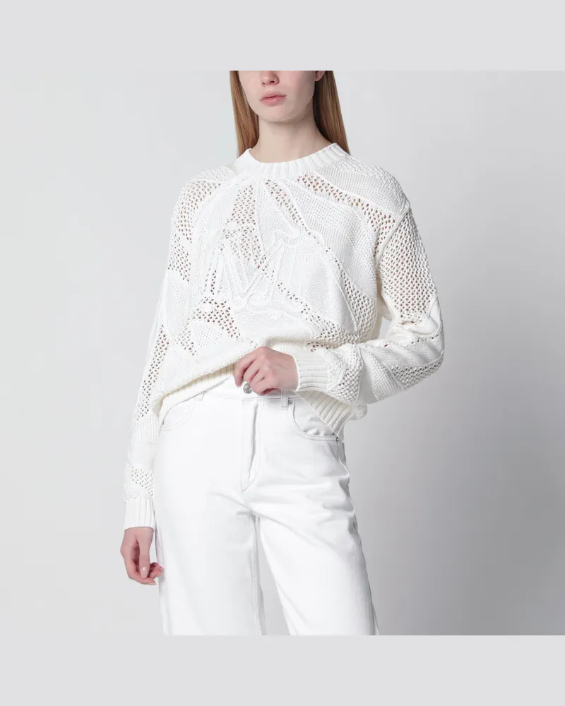 Max Mara Bestickter Baumwollpullover mit Blattmotiv in Weiß White